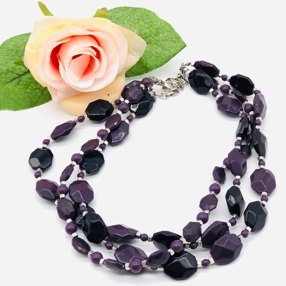 Triple Stranded Purple Beaded Sleek Necklace - Picture 4 of 8
